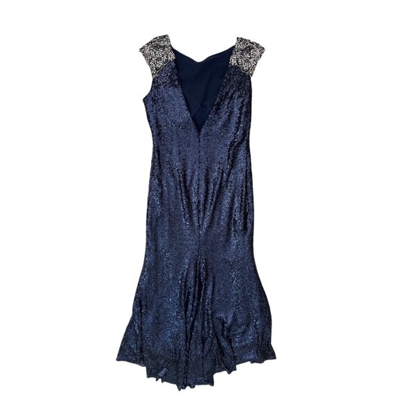 Pronovias navy sequins beaded silver shoulders gown size 16 - Picture 3 of 8